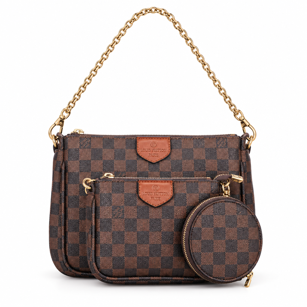 Louis Vuitton style Multi Pochette set - brown check, studio view