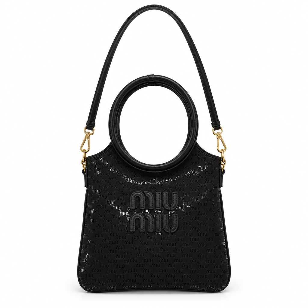Miu Miu style ring handle monogram tote - black, studio view