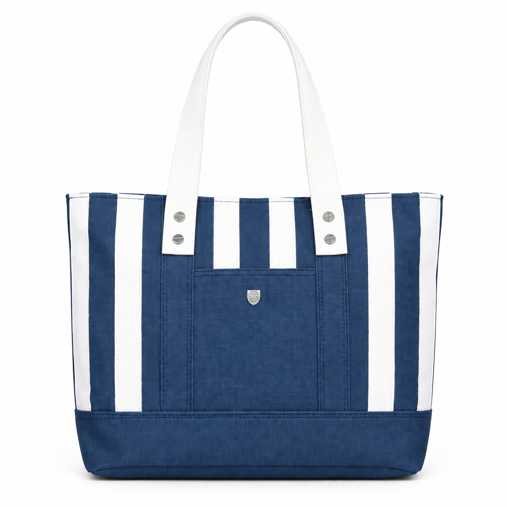 Striped canvas tote bag with front pocket - navy and white, studio view