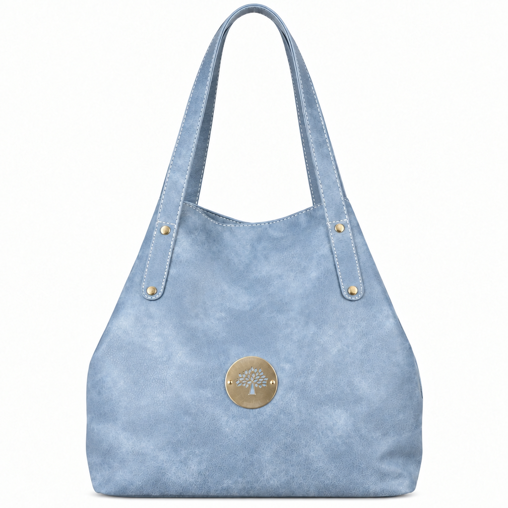 Mulberry style tree medallion shoulder tote - light blue, studio view