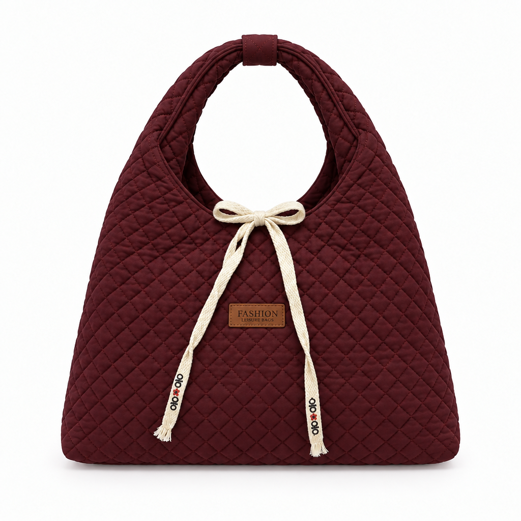 Diamond-Quilted Ribbon Bow Shoulder Tote - burgundy, studio view