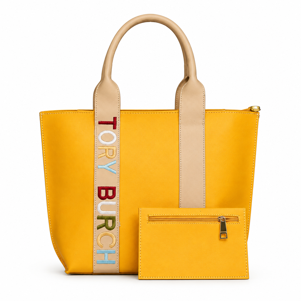 Tory Burch style embroidered logo tote with pouch - mustard yellow, studio view