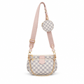 Louis Vuitton style Multi Pochette crossbody set - white check with pink strap, studio view