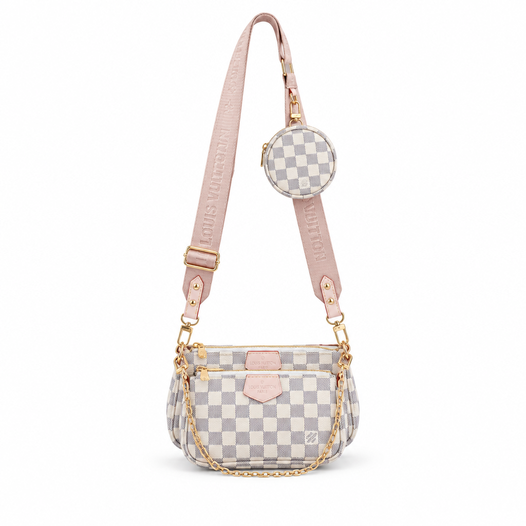 Louis Vuitton style Multi Pochette crossbody set - white check with pink strap, studio view