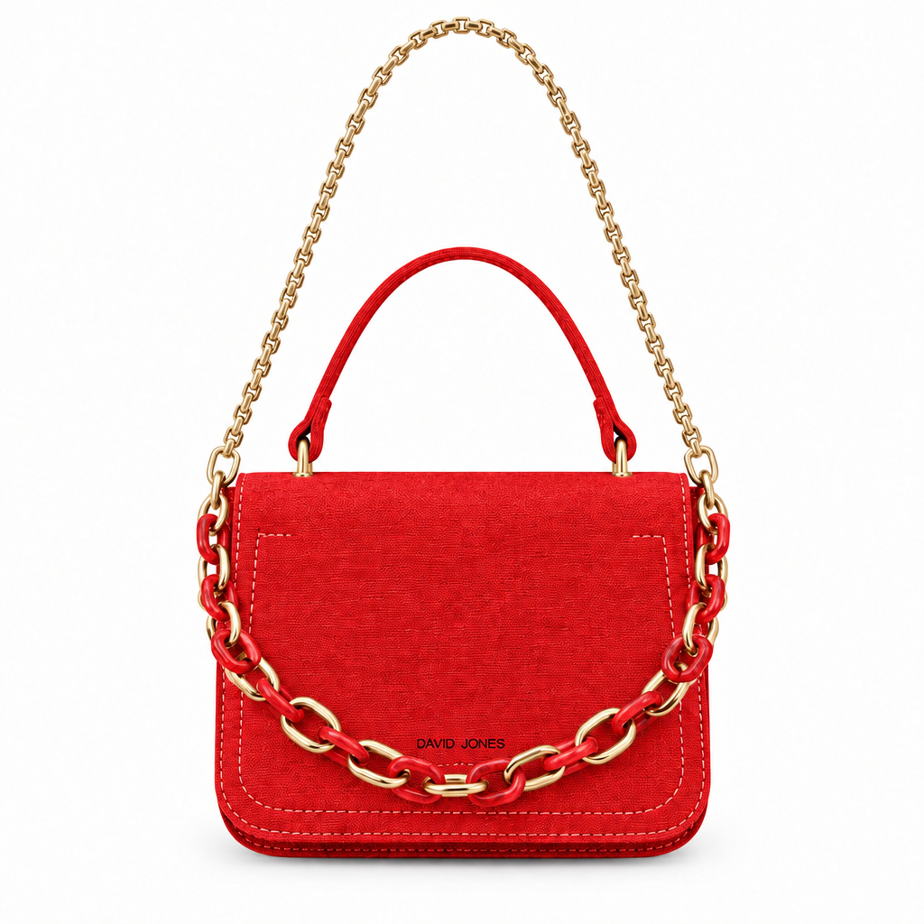 David Jones style mini flap bag with link chain - red, studio view