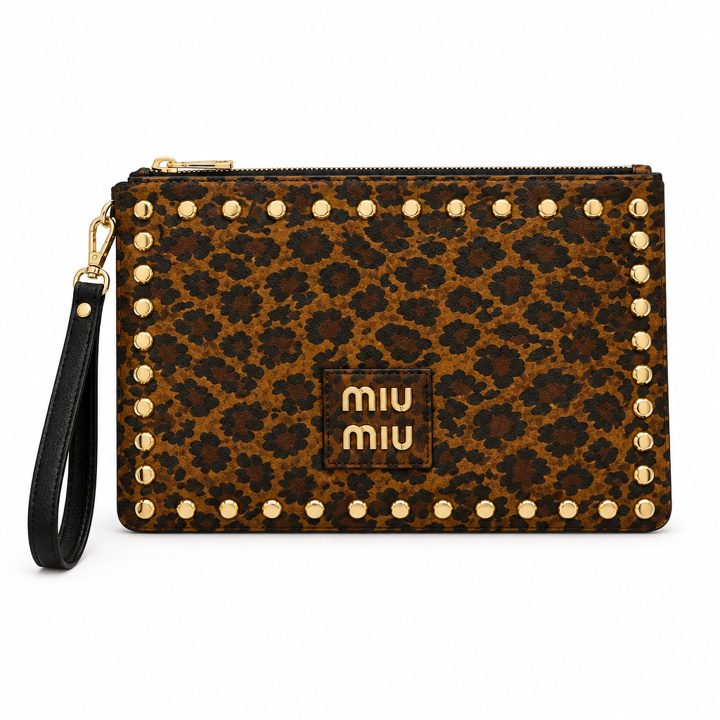 Miu Miu style studded wristlet clutch - leopard with black wrist strap, studio view
