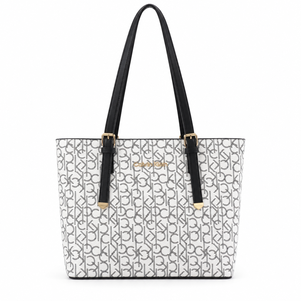 Calvin Klein style CK monogram tote - white and black, studio view