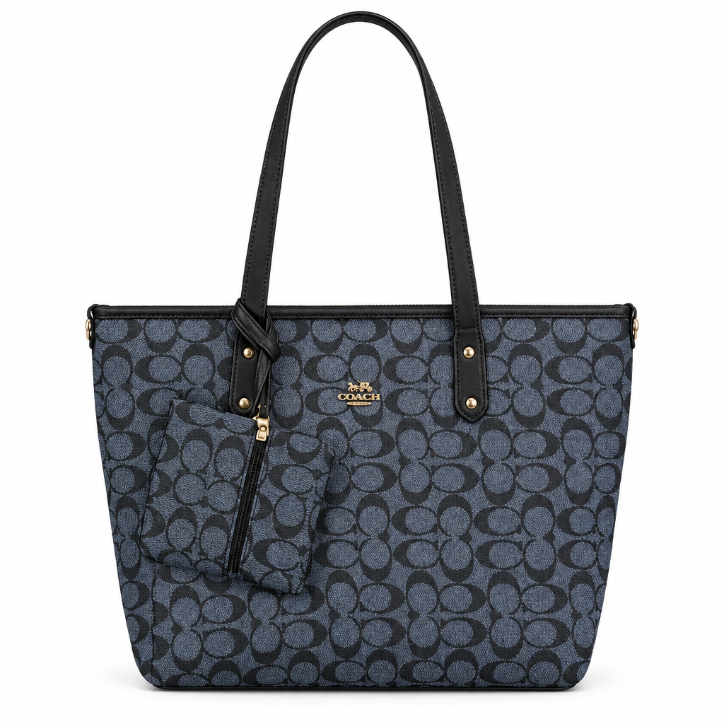 Coach Style Signature Shoulder Tote & Pouch Set - navy with black trim, studio view