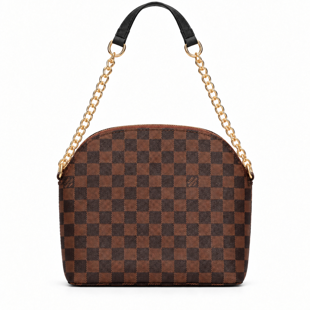 Louis Vuitton style monogram dome chain bag - brown check, studio view