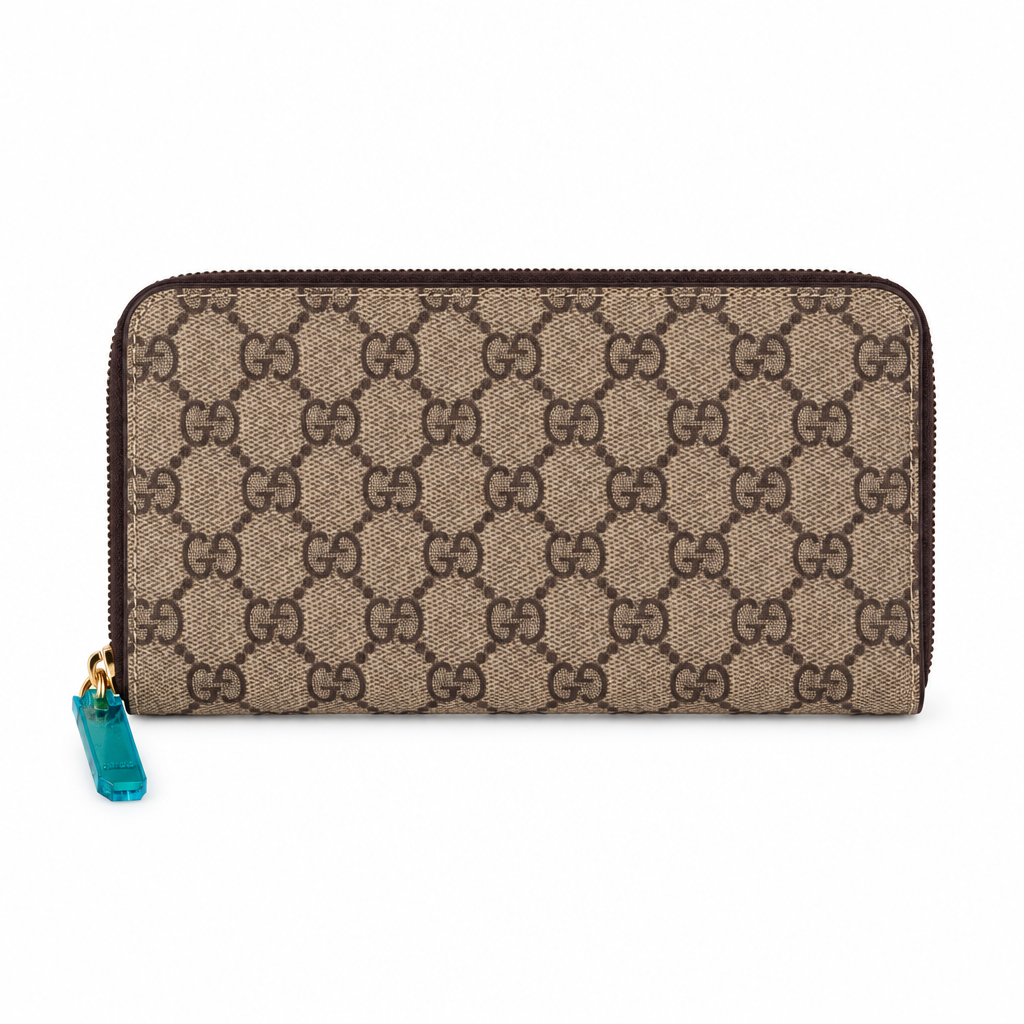 Gucci style GG canvas zip around wallet - beige with large brown GG, studio view