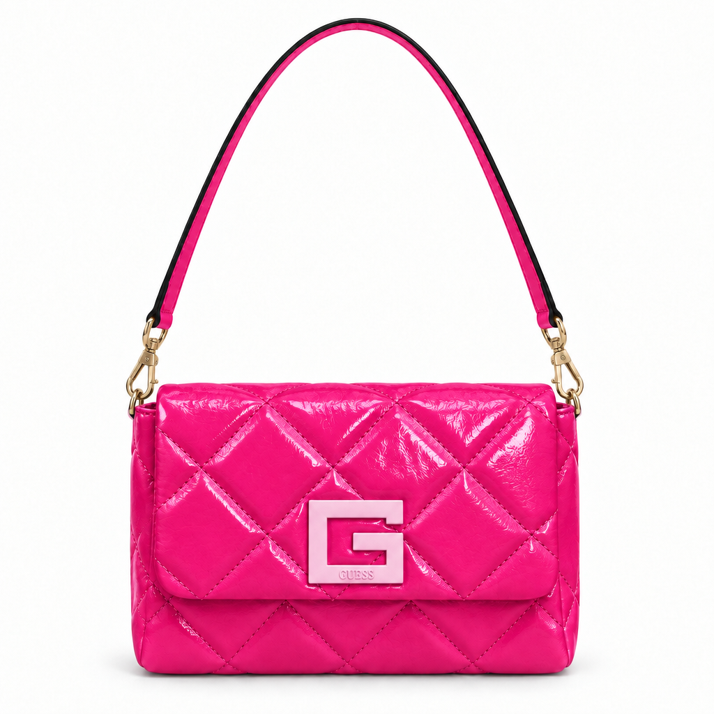 Guess style puffy quilted G logo flap bag - hot pink, studio view