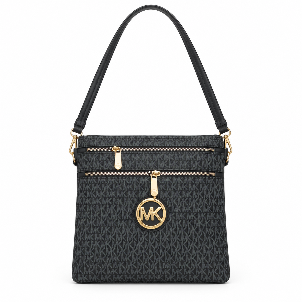 Monogram double zip shoulder bag - black MK style, studio view