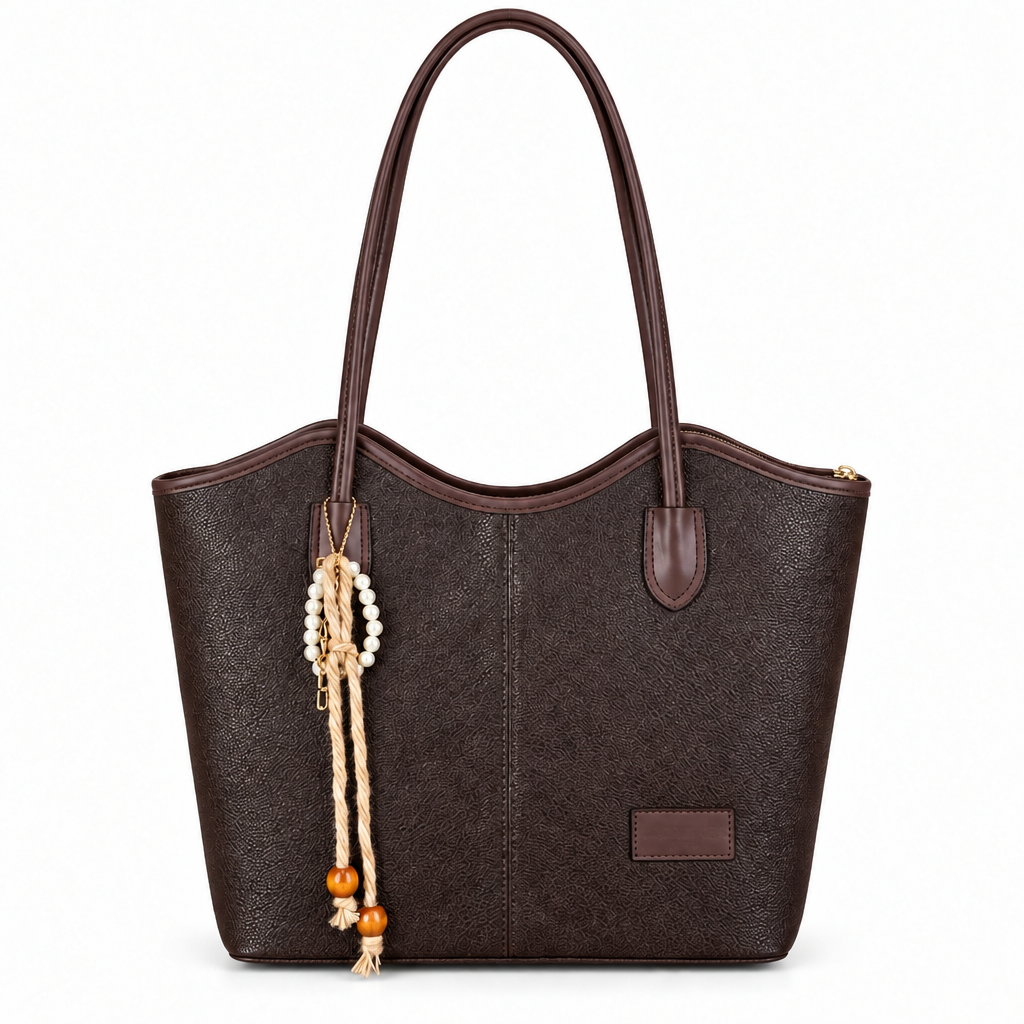Pearl Charm Curved-Top Shoulder Tote - dark brown, studio view