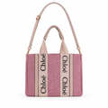 Chloe style Woody canvas tote with logo ribbon - pink, studio view