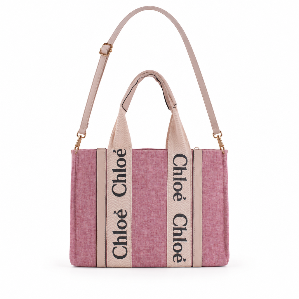 Chloe style Woody canvas tote with logo ribbon - pink, studio view