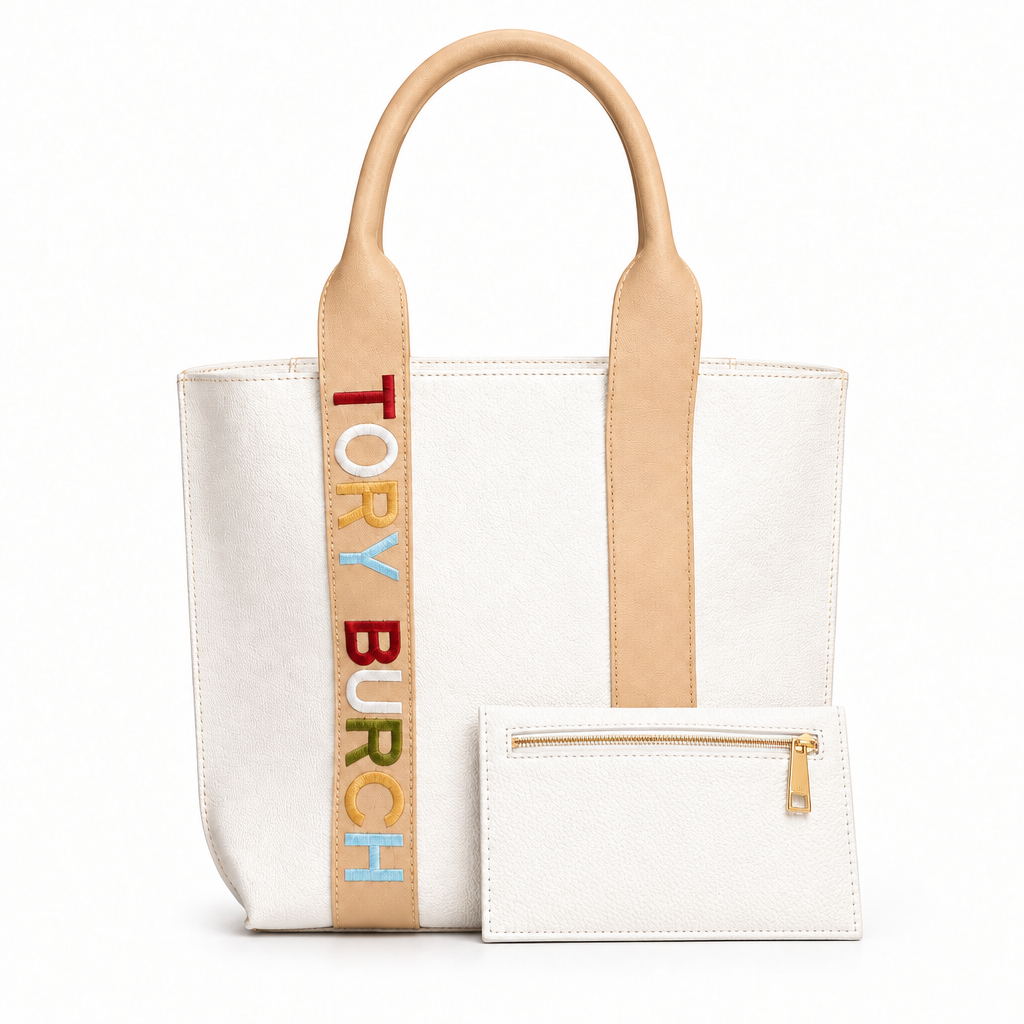 Tory Burch style embroidered logo tote with pouch - white with pouch, studio view