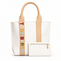 Tory Burch style embroidered logo tote with pouch - white with pouch, studio view