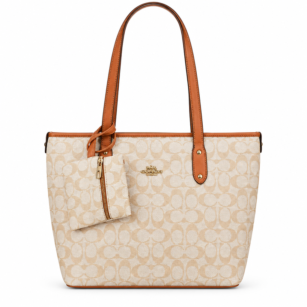 Coach Style Signature Shoulder Tote & Pouch Set - beige with cognac trim, studio view