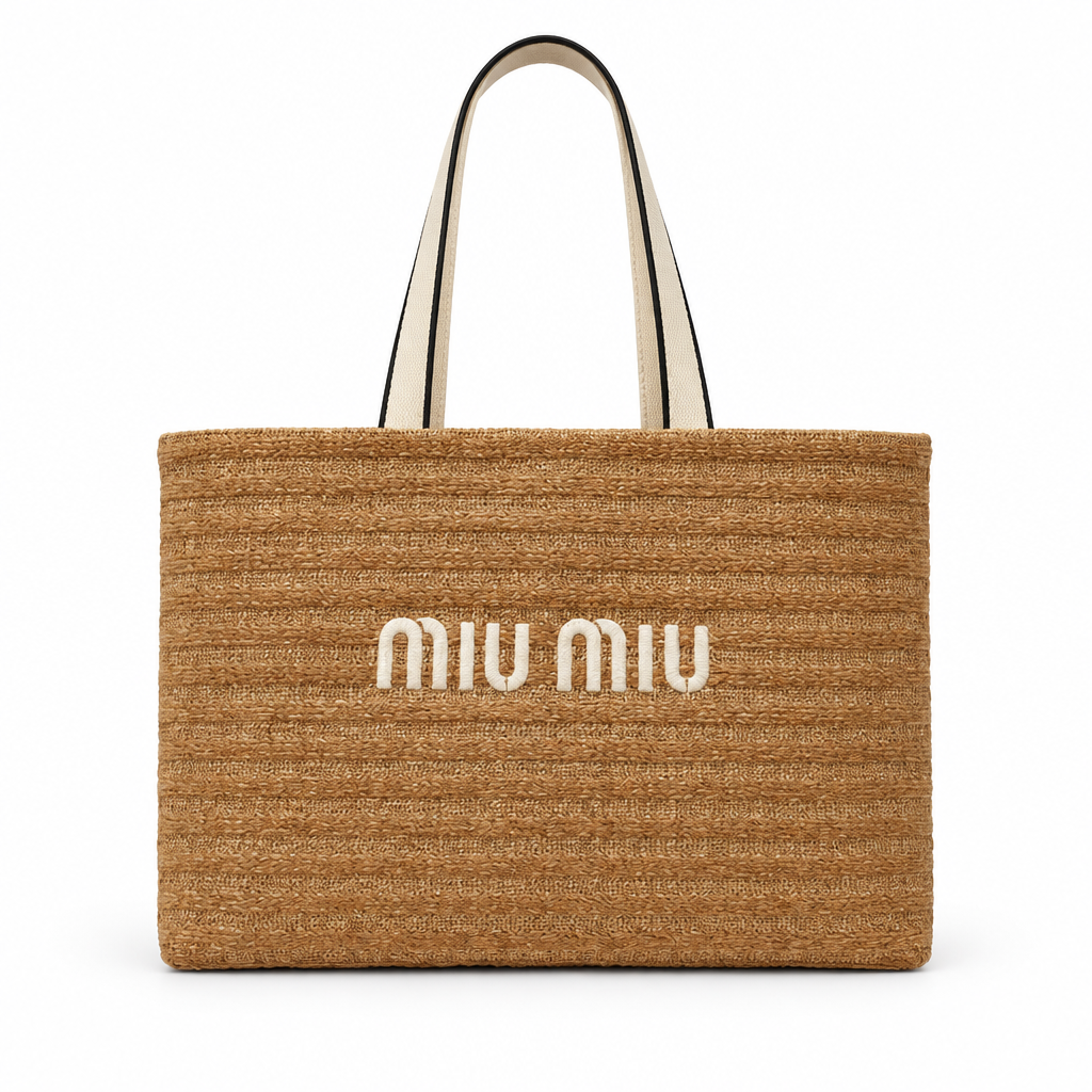 Miu Miu style woven straw logo tote - natural tan with cream handles, studio view