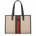Gucci style GG stripe tote - beige with black trim, studio view