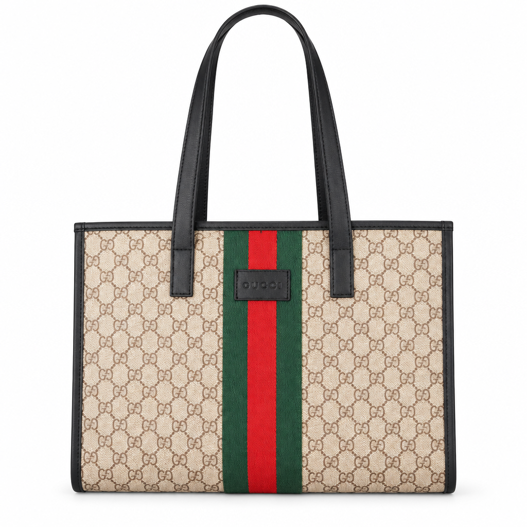 Gucci style GG stripe tote - beige with black trim, studio view