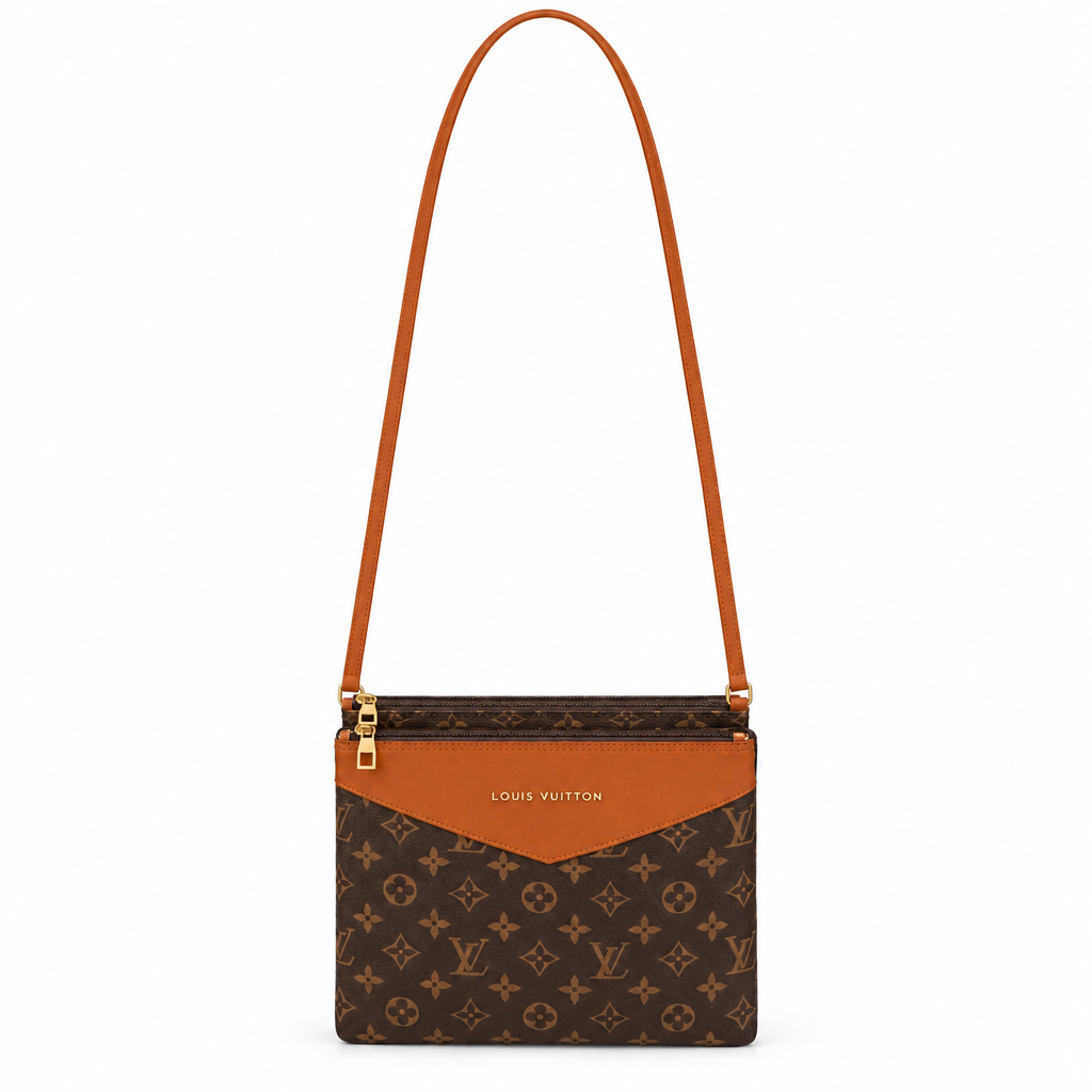 Louis Vuitton style double zip crossbody pouch - brown monogram with tan, studio view