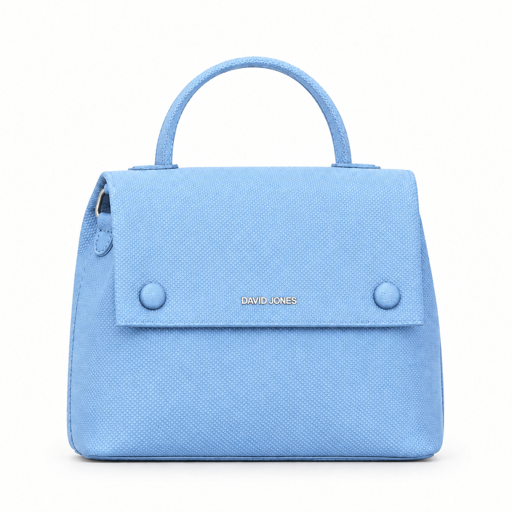 David Jones style textured flap top handle bag - light blue, studio view