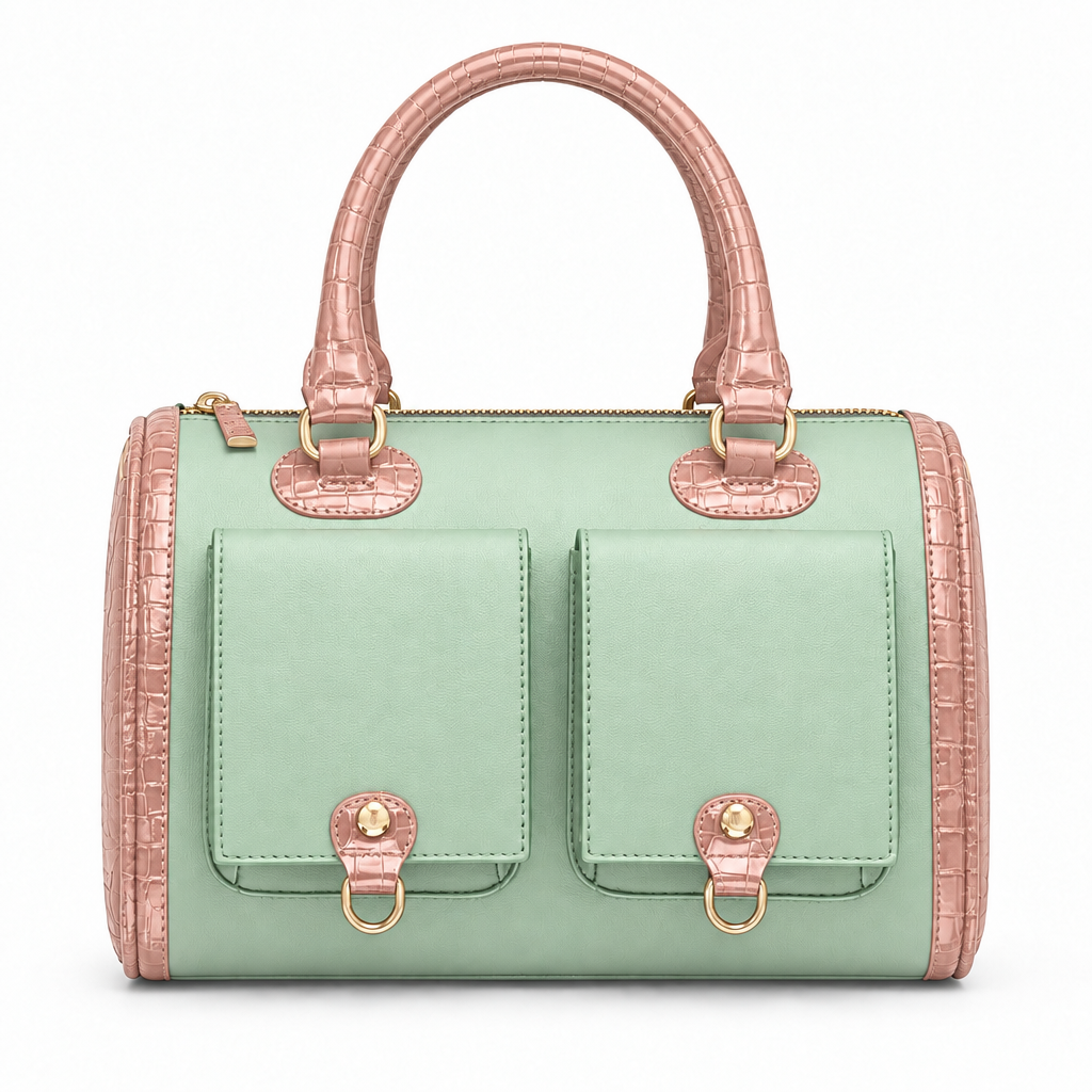 Croc trim barrel handbag with front pockets - mint green with pink croc trim, studio view
