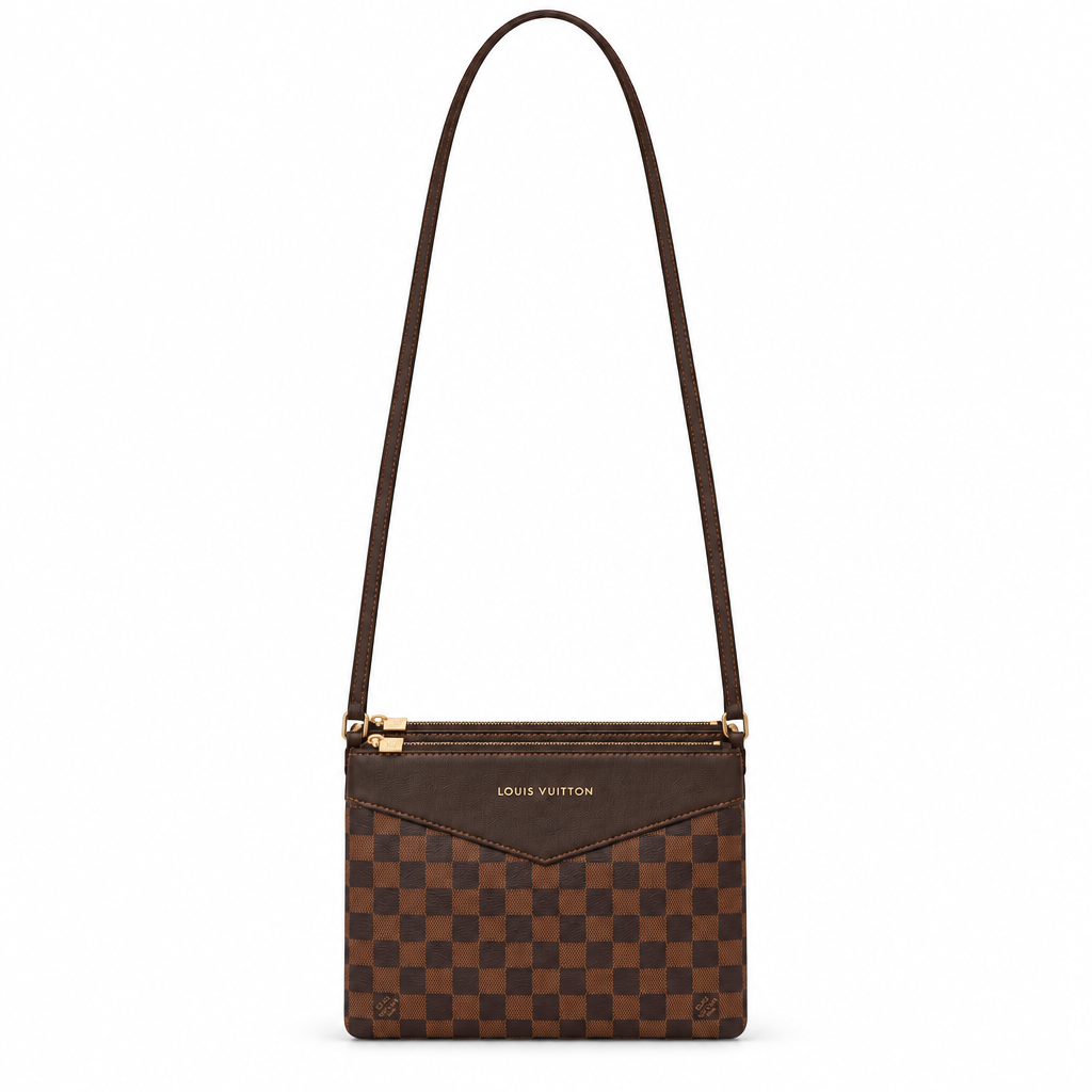Louis Vuitton style double zip crossbody pouch - brown check, studio view