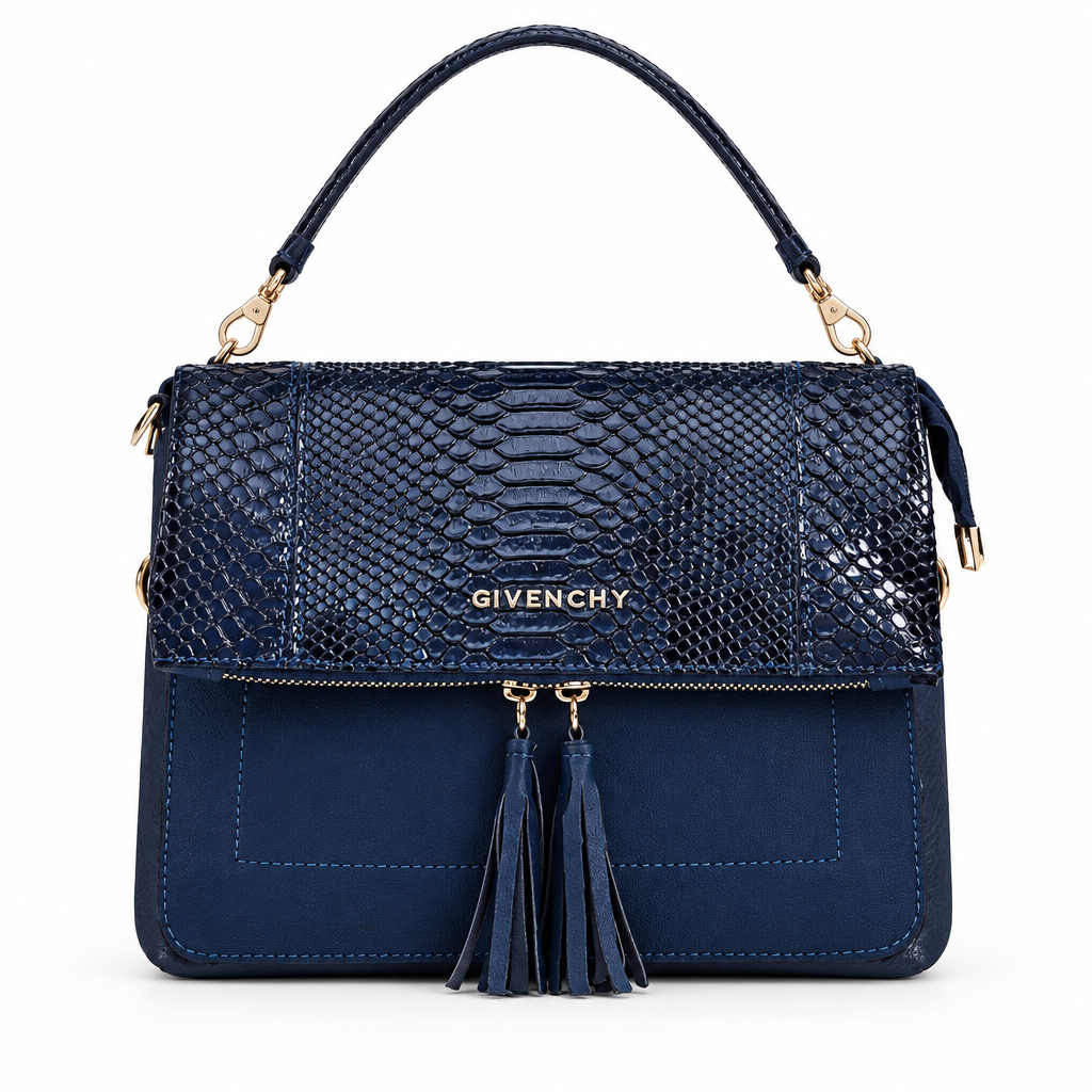 Givenchy style fold-over tassel bag - navy python, studio view