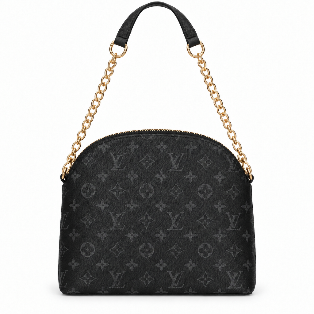 Louis Vuitton style monogram dome chain bag - black monogram, studio view