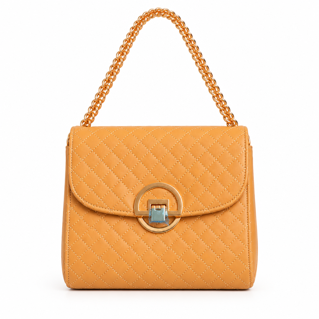 Quilted flap chain bag with gold ring lock - mustard, studio view