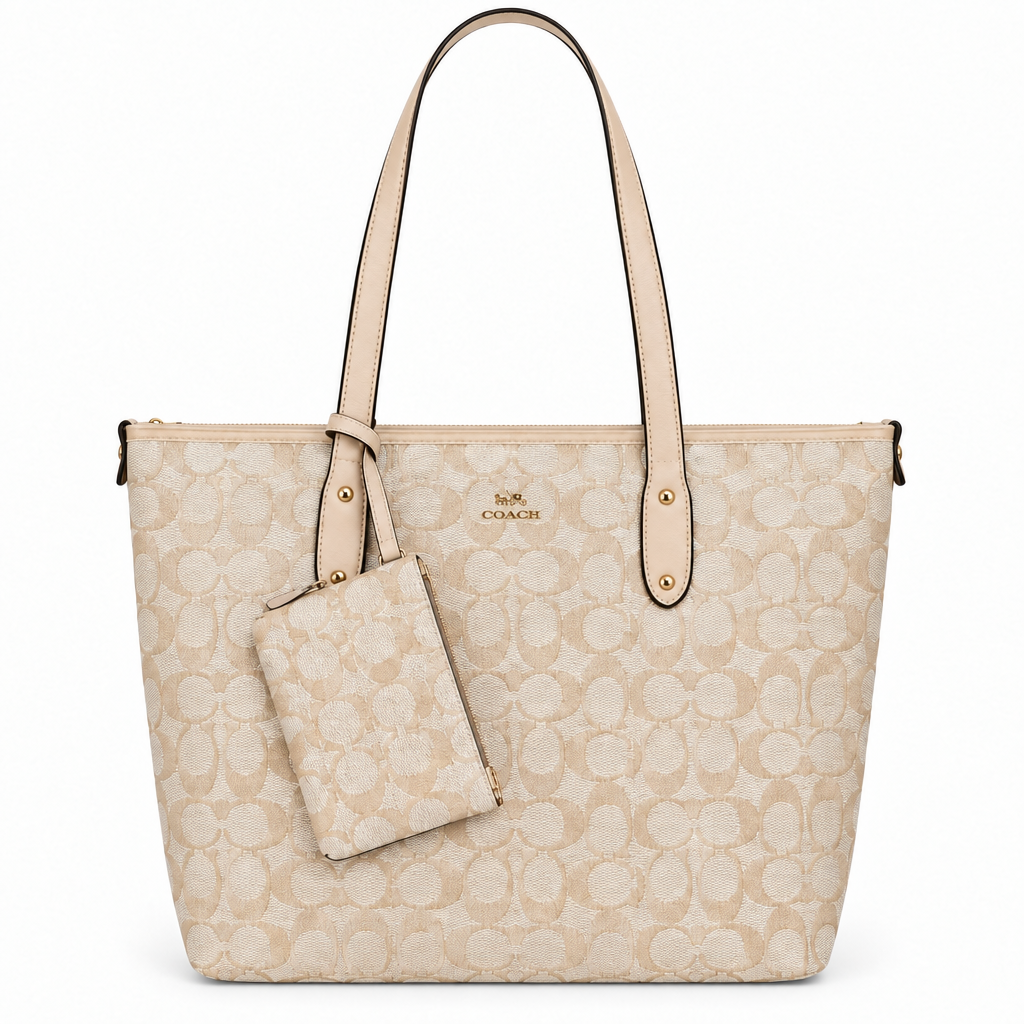 Coach Style Signature Shoulder Tote & Pouch Set - beige with cream trim, studio view