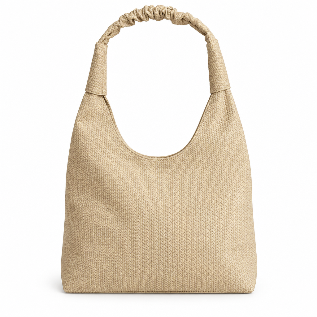 Zara Style Woven Texture Ruched-Handle Shoulder Bag - beige, studio view