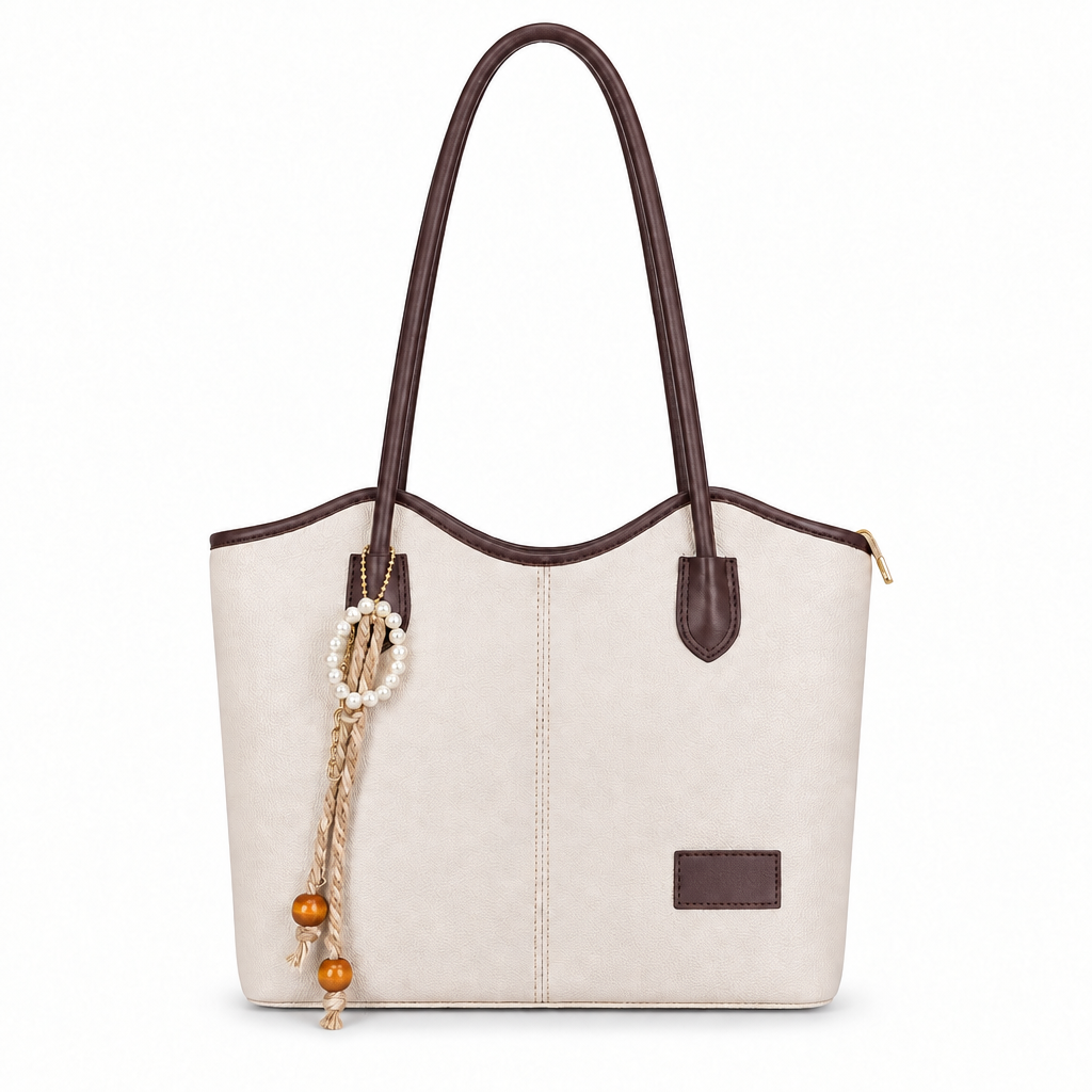 Pearl Charm Curved-Top Shoulder Tote - cream with brown trim, studio view