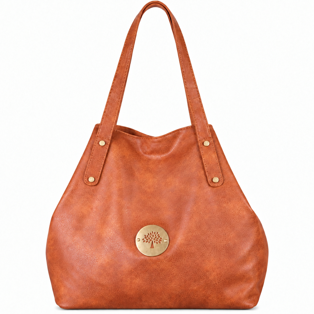 Mulberry style tree medallion shoulder tote - cognac, studio view