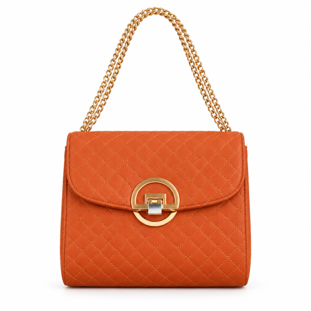Quilted flap chain bag with gold ring lock - orange, studio view