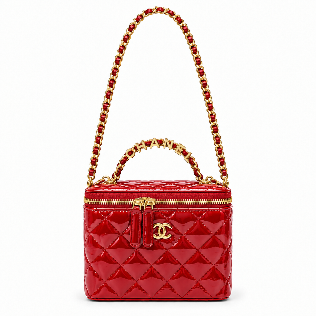Chanel style quilted vanity case with CHANEL letter handle - red patent, studio view