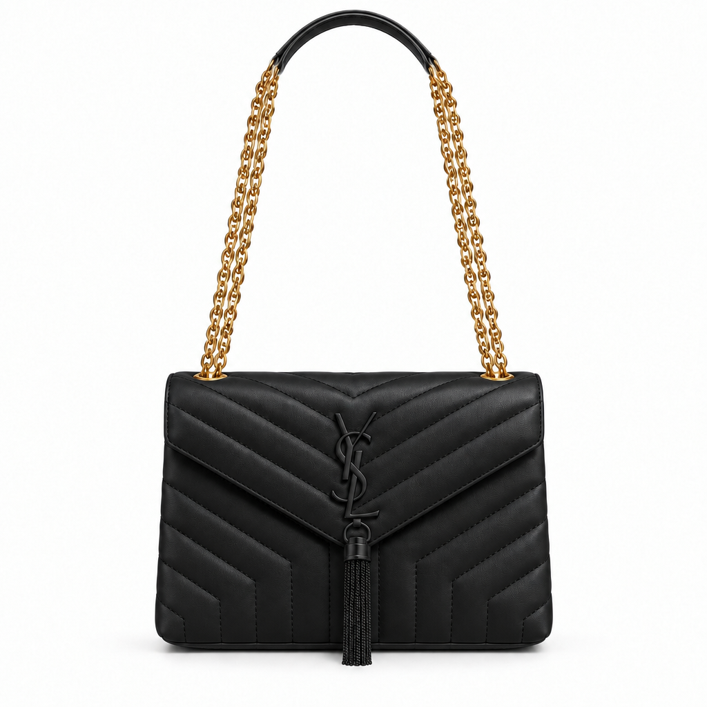 YSL style chevron quilted tassel chain flap bag - black, studio view