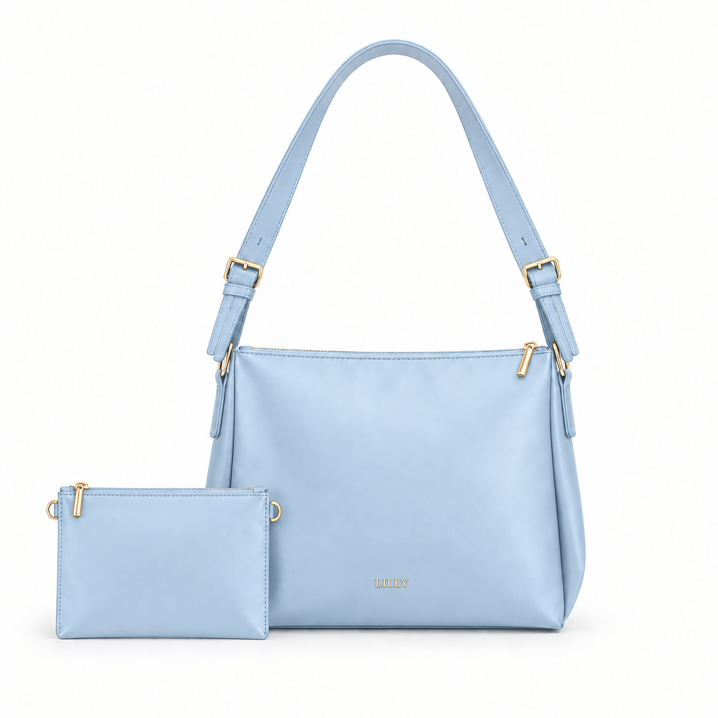 LILLY Style Classic Shoulder Bag - powder blue with coordinating pouch, studio reference