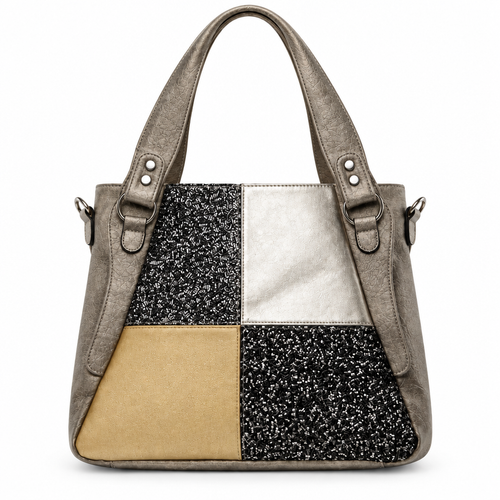 Beaded color block patchwork tote - pewter, studio view