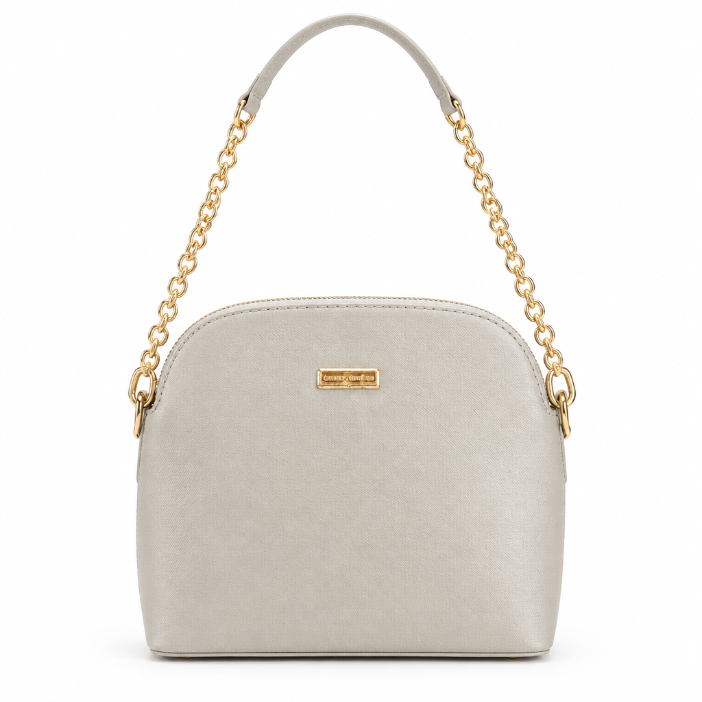 Dome chain shoulder bag - light grey leather, studio view