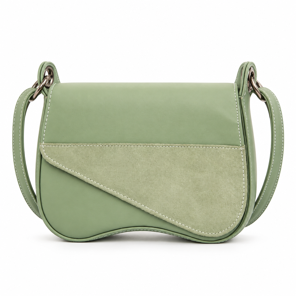 Suede panel saddle shoulder bag - sage green, studio view