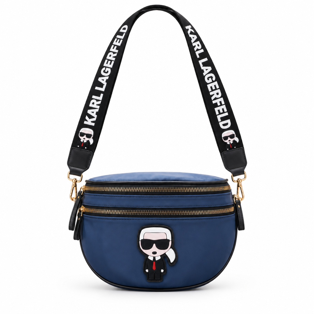 Karl Lagerfeld style half-moon crossbody bag with Karl patch - navy, studio view