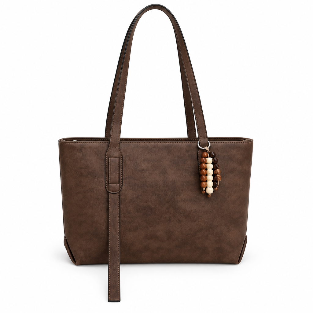Bead Charm Long-Handle Zip-Top Shoulder Tote - taupe brown, studio view