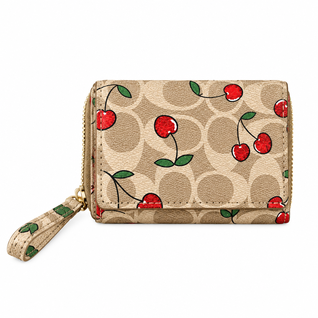 Coach style cherry wristlet wallet - beige signature, studio view