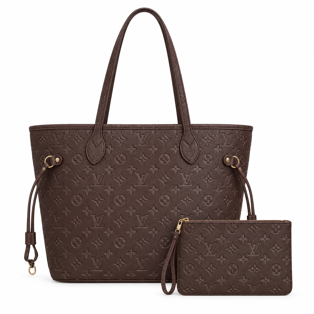 Louis Vuitton style embossed tote and pouch - dark brown, studio view