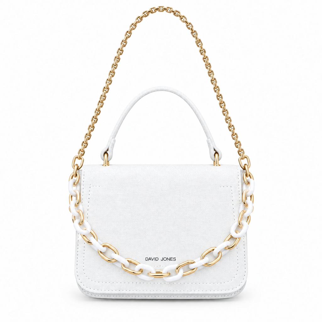 David Jones style mini flap bag with link chain - white, studio view