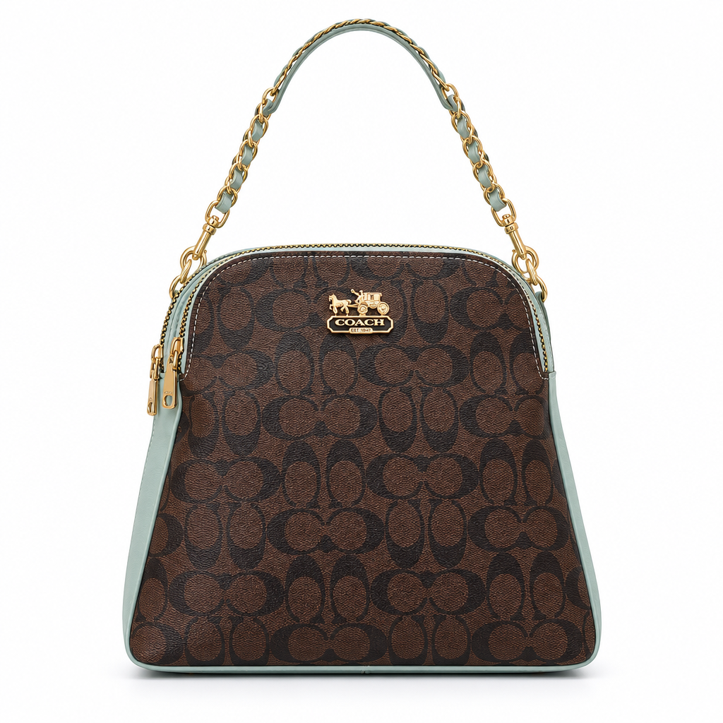 Monogram dome chain bag - brown C monogram with mint trim, studio view