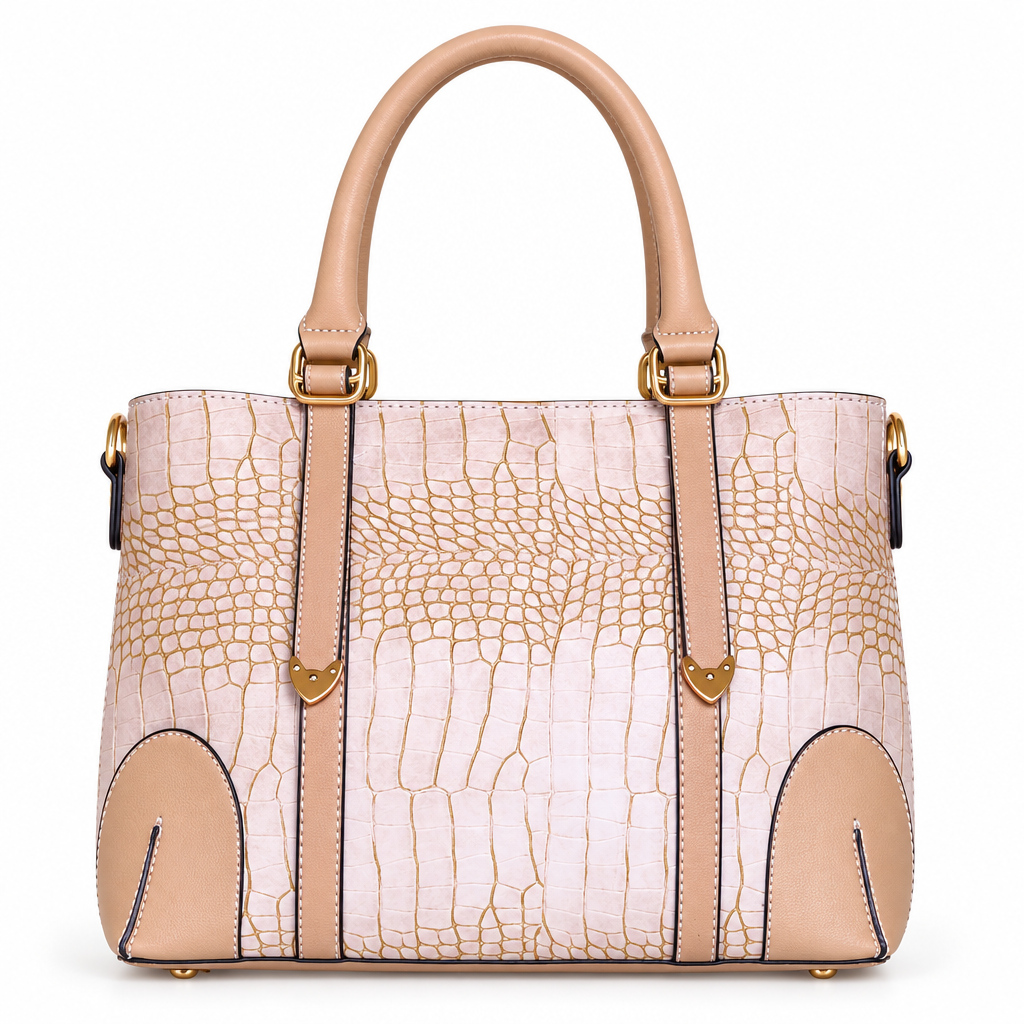 Croc embossed leather top handle handbag - blush pink, studio view